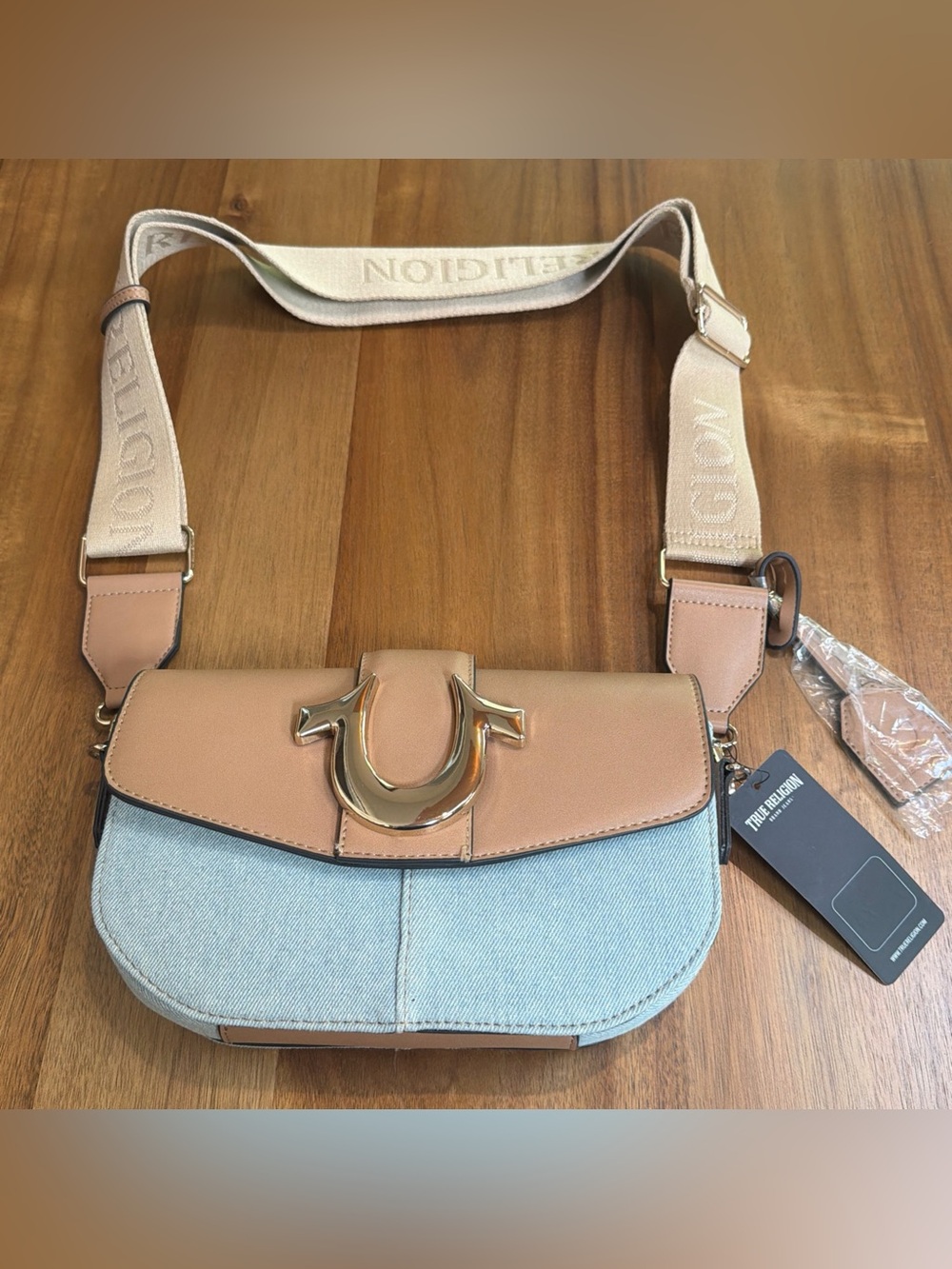 NWT True Religion Denim Saddle Bag Oversized Gold Horseshoe Crossbody Purse